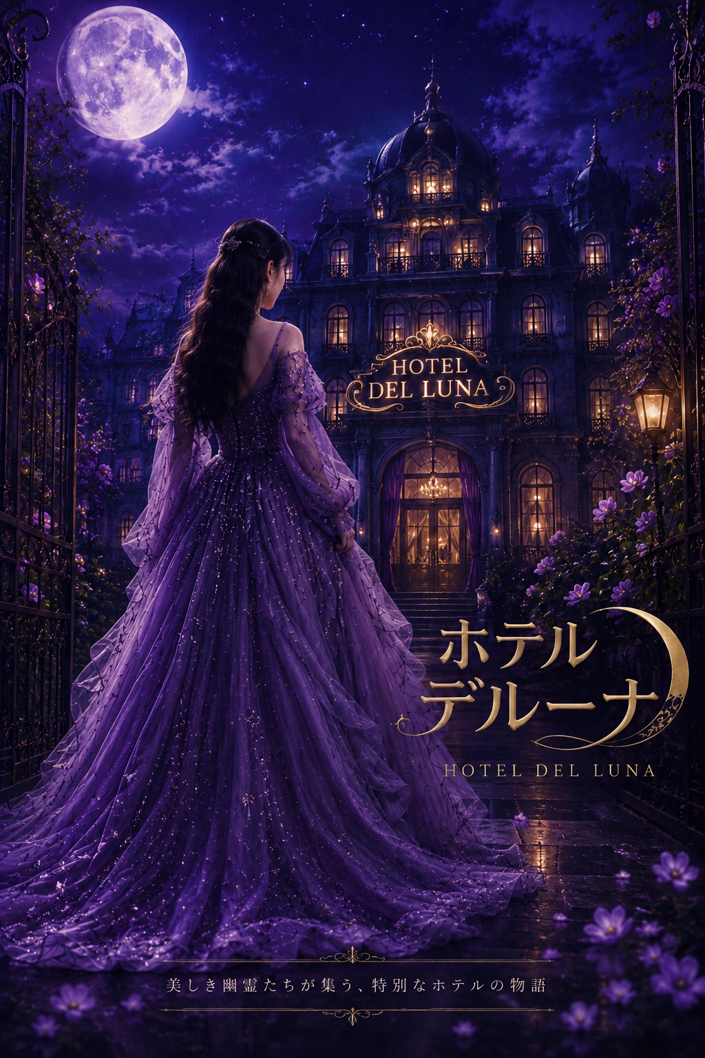 ホテルデルーナ｜紫のドレスをまとった女性が幻のホテルへと向かう夜の情景
