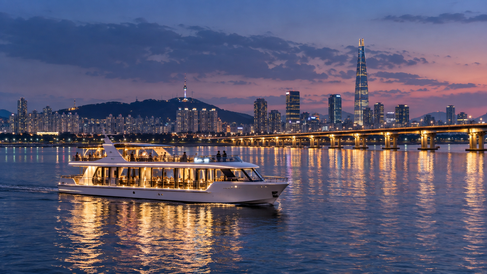 ソウル・漢江クルーズをイメージした夕暮れのクルーズ船と夜景