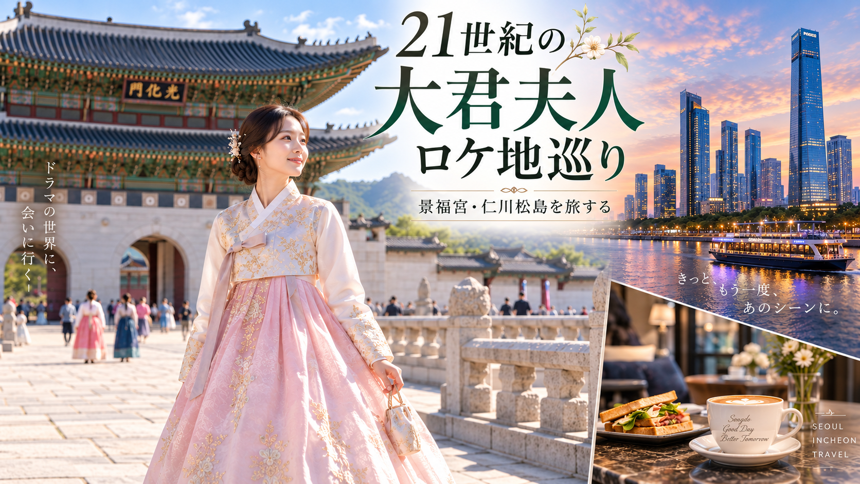 『21世紀の大君夫人』ロケ地巡りをイメージした景福宮・仁川松島と韓服姿の女性