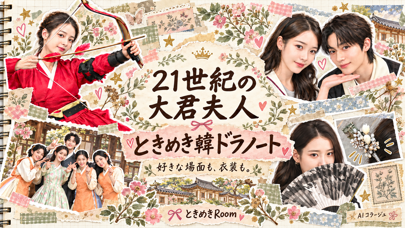 『21世紀の大君夫人』の登場人物や衣装、扇子と髪飾りを集めた「ときめき韓ドラノート」の手帳風AIコラージュ。