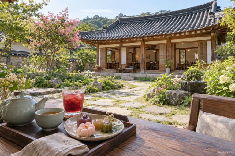 お茶と彩りのお菓子を置いたテーブルの向こうに、花の咲く庭と瓦屋根の韓屋カフェが見えるAI生成イメージ。